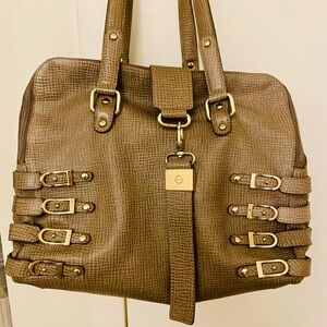 Authentic Jimmy Choo Python Taupe Textured Leather Tote Bag with Gold Hardware-